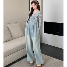 임산부 멜빵바지 세트 임부 봄 가을 긴팔티 + 데님 와이드 멜빵 바지 세트 루즈핏 임부복 외출용 YXF