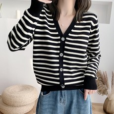 I'M MONG 女款V領條紋柔軟休閒貝蒂夫開襟衫