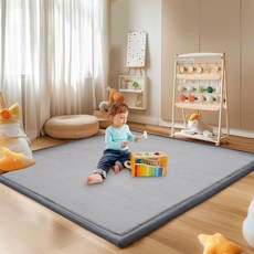바닥 60 x 60인치 1.4인치 두꺼운 메모리 폼 패딩 플레이 매트 베이비 러그 부드러운 벨벳 유아용 유아용 크롤링 매트 미끄럼 방지 바닥 베이지색, 60x60 in, Grey