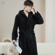 ORZQU 남성 겨울 편안 후드샤워가운 로브 고급 극세사 롱 로브