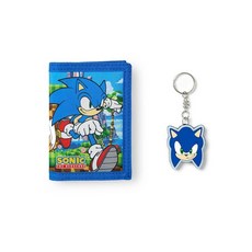 Sonic The Hedgehog 남아용 지갑 | 소닉 앤 테일 그래픽 프린트가 있는 블루 3단 헤드 키체인 포함 어린이 현금 및 카드 홀더 클래식 비디오 게임 상품 선물 블