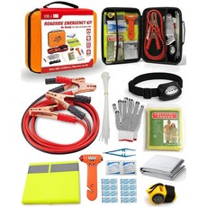 HolaKit 자동차 응급 키트 - 점퍼 케이블 LED 헤드램프 처치 EVA 가방 판초 안전 조끼 등이 있는 도로변 자동차 SUV 청소년 운전자 및 가족에게 이상적, HolaKit 자동차 응급 키트 점퍼 케이블 LED 헤