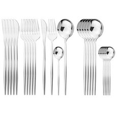 Uniturcky 실버 실버웨어 세트 24피스 스테인리스 스틸 플랫웨어 서비스 거울 광택 블랙 핸들 식기 커틀러리 나이프 포크 스푼 가정 레스토랑용 식기세척기 265244