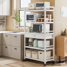 廚房置物架落地式微波爐烤箱收納架抽屜多層鍋具電器收納層架, 黑色,五層80長（帶抽屜）, 1個