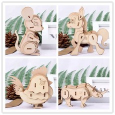 木質多款崑蟲動物立體3D拚圖拚闆玩具，幼兒園禮物創意DIY拚裝模型，安全木質玩具, 犀牛+神馬+小雞+老鼠, 1個