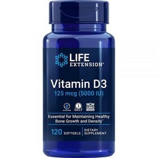 Life Extension 비타민 D3 5000 IU 소프트젤 120개 125mcg, 1개, 120정