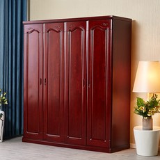 實木四門衣櫃235中式對開門衣櫥富貴紅水曲柳家用小戶型組裝簡約, 茶紅色,2門 組裝