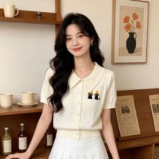 투니스 여성 캐주얼 고양이 자수 슬림핏 니트 반소매 티셔츠