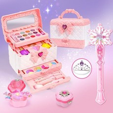瀾錦書捨 女孩兒童化妝品套裝 無毒彩妝盒 3-9歲 女童公主 生日新年禮物, 【新款公主手提箱】+魔法棒2件套+音樂盒, 1個