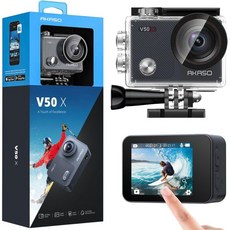 AKASO V50X 네이티브 4K30fps WiFi 액션 카메라 EIS 터치스크린 4X 줌 131피트 방수 헬멧 액세서리 포함 외부 마이크 리모컨 지원(64GB MicroSD, Standalone