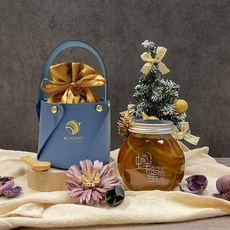 Mr.HONEY 蜂蜜先生 蜂蜜漬檸檬提籃組 240g 霧藍提籃金絨袋附竹匙 節慶送禮, 1個, 霧藍皮質提籃+金色絨布袋+竹湯匙