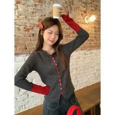투니스 여성 배색 슬림핏 긴소매 니트 가디건