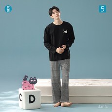 【抗菌新疆棉】圓領秋季貓咪長袖情侶睡衣黑白格紋長褲純棉家居服