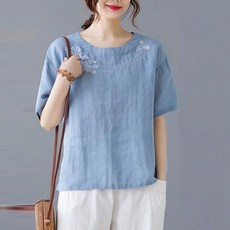 여성 레트로 자수 린넨셔츠 중공업 수 놓은 코튼 린넨 반팔 셔츠 여름 루즈 슬림 캐주얼 다목적 리넨 티셔츠