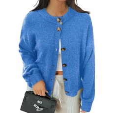 여성용 청키 버튼 가디건 트렌디 크루넥 긴소매 니트 재킷 따뜻한 단색 스웨터 블루. 라지 161326
