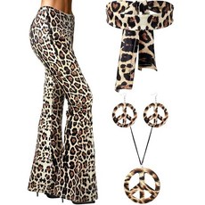 SATINIOR 60년대 70년대 여성용 히피 코스튬 의상 세트 디스코 레트로 플레어 벨 하의 바지 할로윈 코스프레 파티용 레오파드. XL