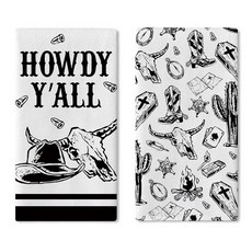 Croar Howdy Y'All 웨스턴 카우보이 주방 접시 타월 2개 세트 블랙 화이트 불 스컬 햇 부츠 선인장 건조 핸드 베이킹 요리 천 소박한 컨트리 욕실 홈 데코 45, Howdy Y‘all