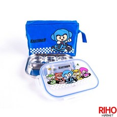 里和 韓國製 lilfant 跑跑卡丁車 兒童餐具 304不鏽鋼 湯匙 學習筷 餐盤 水杯 防燙碗 雙耳碗 正版, 1個, 5格餐盤+收納袋, 藍色