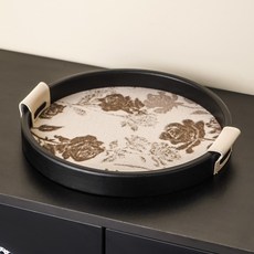 中古布藝圓形托盤 茶花褐色, 中古布藝-茶花-褐色