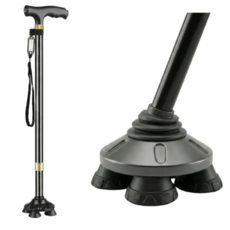 캐주백 4발 10단 높이 조절 노인 접이식 타이어 독일 기술 미끄럼 방지 지팡이, 블랙, 1개