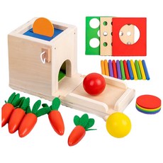 蒙氏四合一木質多功能投幣拔蘿蔔智力盒, 木色，彩色, 1個