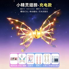 充電款 精靈翅膀 七彩燈光 電動 會動 兒童背飾 禮物, 1套, 【單電暖燈款】發光電動翅膀（禮盒裝+音效可關閉）
