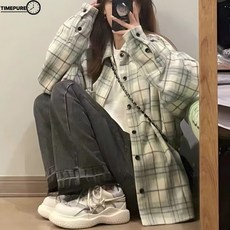 TIMEPURE 남녀 공용 오버핏 체크 셔츠 데일리 셔츠 코디 오버사이즈 긴팔 셔츠 실루엣 편안함 캐주얼 룩 통근 데이트 소프트 텍스처 릴랙스 핏 셔츠