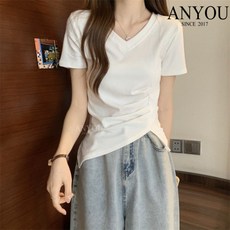 ANYOU 라지 여성복 불규칙 V넥 정장 반팔 티셔츠 여름 통통 mm 뱃살 가려 날씬해 보이는 디자인감 상의