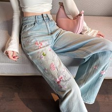 粉色花朵刺繡牛仔褲女 夏季 高腰顯瘦闊腿褲
