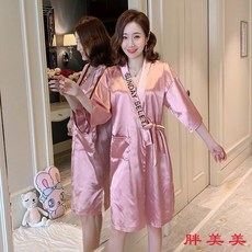 【M-5XL大尺碼】冰絲睡袍睡裙 寬鬆加大碼睡衣 夏季仿真絲浴袍 伴娘新娘晨袍