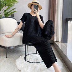 CADISE 여성 캐주얼 플리츠 세트 데일리 반팔티 밴딩 팬츠 투피스 심풀 주름옷 상하세트