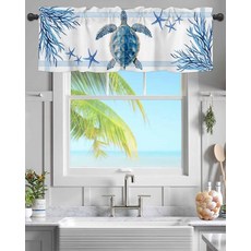 [ 1133622 ] 창문용 주방 밸런스 바다 거북 산호 불가사리 밸런스 커튼봉 포켓 블루 스트라이프 여름 해안 해상 짧은 커튼 창문 토퍼 침실 욕실 거실용 137.2 x 4