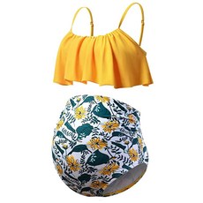 DEBELLY 임산부 비키니 세트 투피스 수영복 러플 여성용 수영복 하이 웨이스트 빈티지 임산부 수영복 블랙 화이트 꽃무늬 S, Small, 옐로우 플로럴