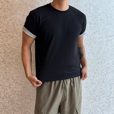 베럴댄나우 남자 머슬핏 무지 배색 롤업 세미 크롭 반팔티 7COLOR