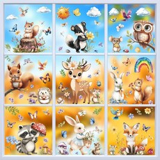 KIKISML 99피스 봄 창문 부착 9장 동물 스티커 귀여운 여우 토끼 다람쥐 고슴도치 올빼미 사슴 가정 학교 사무실 파티 장식 유리 디스플레이 용품, KIKISML 99피스 봄 창문 부착, 9장 동물 스티