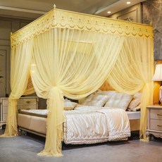 蚊帳 三開門宮廷落地支架 1.8米床 2米床 雙人居家 1.5米 加密紋帳子 1.0米, 加密月影-黃（蚊帳+加粗支架）全套,1.0米X2.0米床