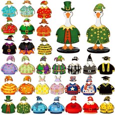 AceOrbit 책상 구스 의상 장식 세트 2피스 18.9cm(7.09인치) 높이 조각상 60피스 교체 가능한 휴일 계절 DIY 의류 모자 데스크탑 거위 피규어 액세서리 홈 오, AceOrbit 책상 구스 의상 장식 세트 2피스 18