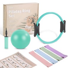 VIJLXI Home Pilates Essentials 키트 - 필라테스 링과 볼이 있는 장비 세트 초보자를 위한 저항 밴드 4개 근육 훈련 유연성 및 코어 강도 17639, 레이크 블루