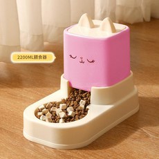 寵物自動餵食飲水器 附濾毛 易清洗, 卡通貓耳餵食器 粉色, 1個, 1L