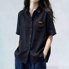 지고다그 여성용 여름 얇은 원단 반팔 셔츠 여유핏 카라 단추 캐주얼 블라우스 ZXCC134
