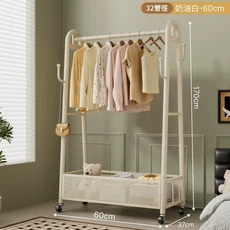 多功能可移動落地式衣帽架 寬60cm 奶白色, 特粗32管 60cm靚麗白 | 加高密網籃 金屬輪, 1個