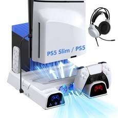 PS5 슬림 PS5와 호환되는 쿨링 스탠드 듀얼 컨트롤러 충전 스테이션 플레이스테이션 5 콘솔과 액세서리 팬 헤드셋 홀더 11개의 게임 슬롯화이트 포함, Black