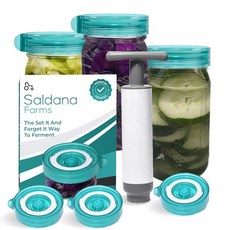 Easy Fermenter 발효 키트 넓은 입구 메이슨 병 및 산소 추출기 펌프용 발효 뚜껑 3개 김치 피클 및 소금에 절인 양배추 발효용 메이슨 자 에어록 뚜껑 포함, Easy Fermenter 발효 키트, 넓은 입구 메이