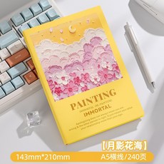 油畫風筆記本 手帳本 記事本 橫線加厚便攜小號軟皮面本, 1個, 月影花海