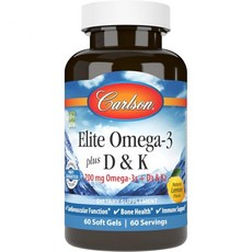 칼슨 엘리트 오메가3 플러스 D K 700mg D3 K2 기능성 뼈 건강 지원 레몬 맛 소프트젤, 60개 (1팩)