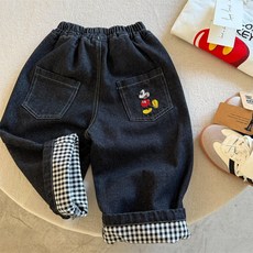 兒童長褲2025新款，瞇瞇眼卡通刺繡牛仔褲，男女童寶寶拼接直筒褲