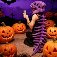 공룡 뼈모자 코스튬 의상 파티 모자 푹신한 스켈레톤, 80cm 어린이용, 1개, 퍼플 헤드커버+골격포함 공룡 특수 효과 포함