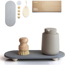 RIOMZY 인스턴트 드라이 싱크 캐디 정리함 u2013 주방 욕실 조리대용 흡수식 돌 트레이 빠른 건조 캐디나무 발과 천연 수세미 회색 포함, 1개