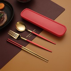 環保餐具組 筷子 叉子 湯匙 隨身餐具組, 1個, 紅色