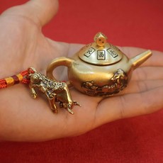 黃銅茶壺 迷你龍鳳造型 手把玩工藝品 麻將小物 招財擺飾 辦公室禮品 傳統工藝 質感桌飾+把把壺轉轉+紅繩+小財牛